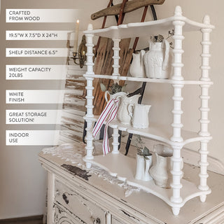 White wooden tiered shelf on a distressed dresser, styled with white ceramic pitchers and home décor accents, with product dimensions listed alongside.