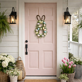 Easter egg wreath on pastel pink front door