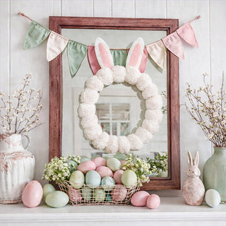 Easter bunny pom pom wreath spring mantel decor