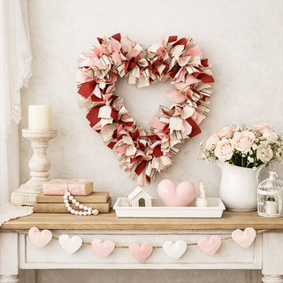 Valentine heart shaped fabric strip wreath in pink red cream colors