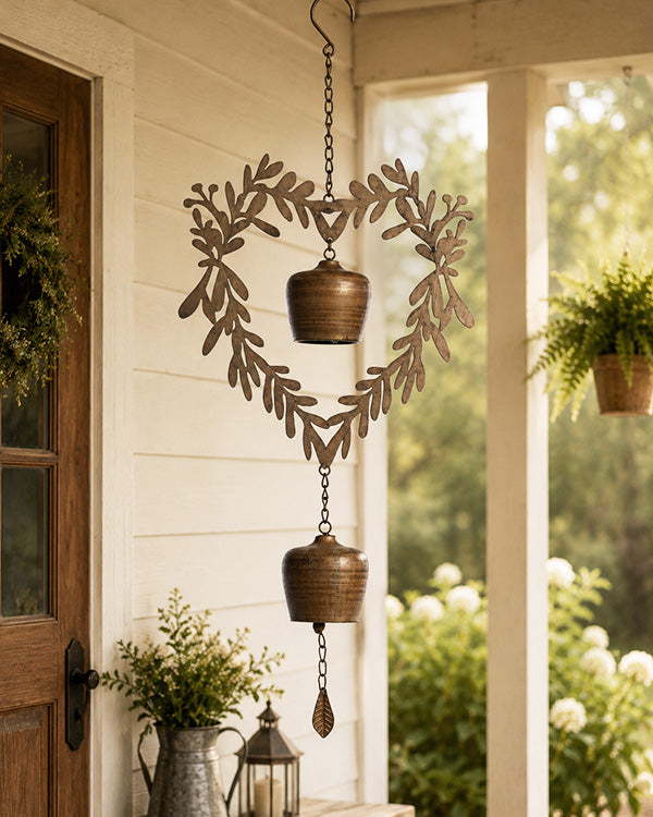 Indoor/Outdoor Bronze Metal Heart Wreath Hanging Bell Decor