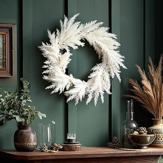 White pampas grass wreath 24 inch displayed on dark green paneled wall with farmhouse decor
