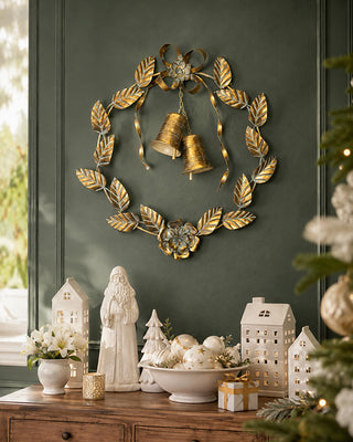 Antiqued Brass Botanical Wreath with Chiming Bells