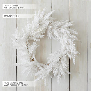 Close-up of fluffy white pampas grass wreath showing natural dried materials and wire construction