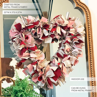 Romantic heart wreath with hand tied fabric strips for front door
