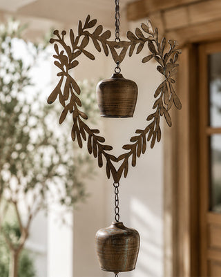 Indoor/Outdoor Bronze Metal Heart Wreath Hanging Bell Decor