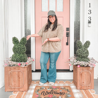 Spring porch decor with bunny topiaries