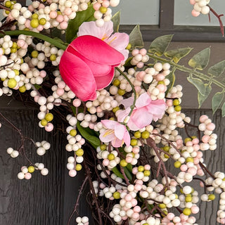 Pink tulip and berry wreath close-up