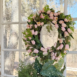 Spring porch decor with pink tulip wreath