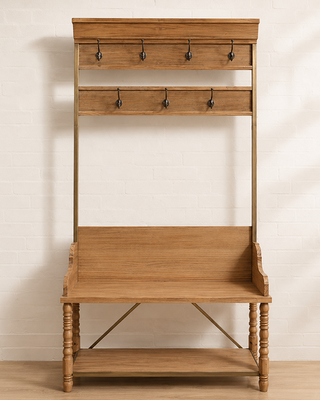 Entryway Shelf with Shoe Bench Pine Wood Metal 7 Hooks 72 Inch Tall