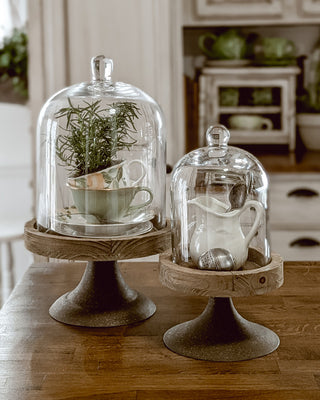 Dome-Shaped Wood and Glass Cloche, Set of 2