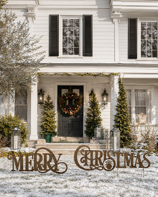 Antique Gold Merry Christmas Yard Stakes Metal Outdoor Holiday Lawn Letters