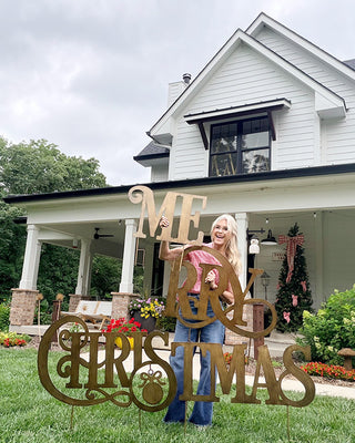 Antique Gold Merry Christmas Yard Stakes Metal Outdoor Holiday Lawn Letters