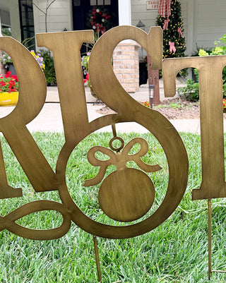 Antique Gold Merry Christmas Yard Stakes Metal Outdoor Holiday Lawn Letters
