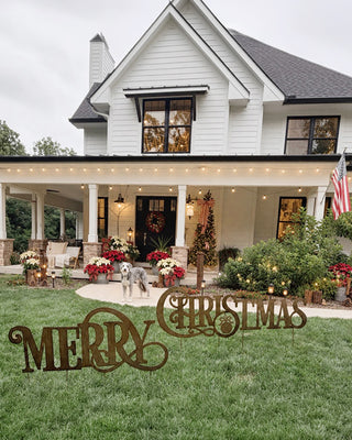 Antique Gold Merry Christmas Yard Stakes Metal Outdoor Holiday Lawn Letters