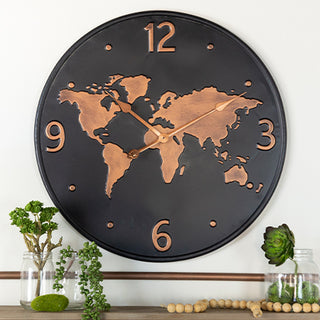World Map Wall Clock with Copper Numbers