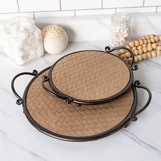 Round Wooden and Metal Trays, Set of 2