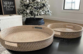 Large Round White Handwoven Bamboo Trays, Set of 2