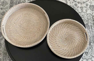 Large Round White Handwoven Bamboo Trays, Set of 2