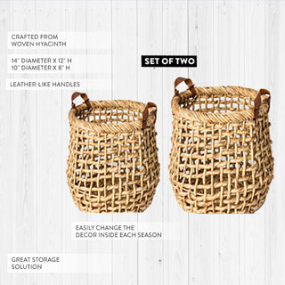 Natural Hyacinth Baskets with Leather-like Handles, Set of 2