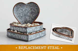 Heart Shaped Galvanized Metal Tray with Copper Rim, Set of 3