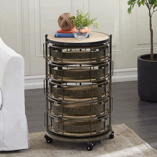 Rustic Rolling Side Table with Swiveling Cubbies