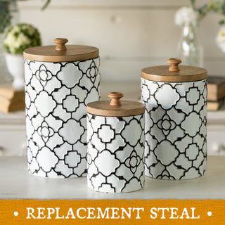 Embossed Patterned Canisters with Wooden Lids, Set of 3
