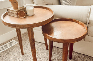 Brown Wooden Tri Leg Contemporary Accent Table, Set of 2