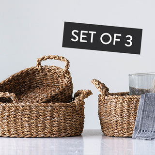Woven Seagrass Baskets with Handles, Set of 3