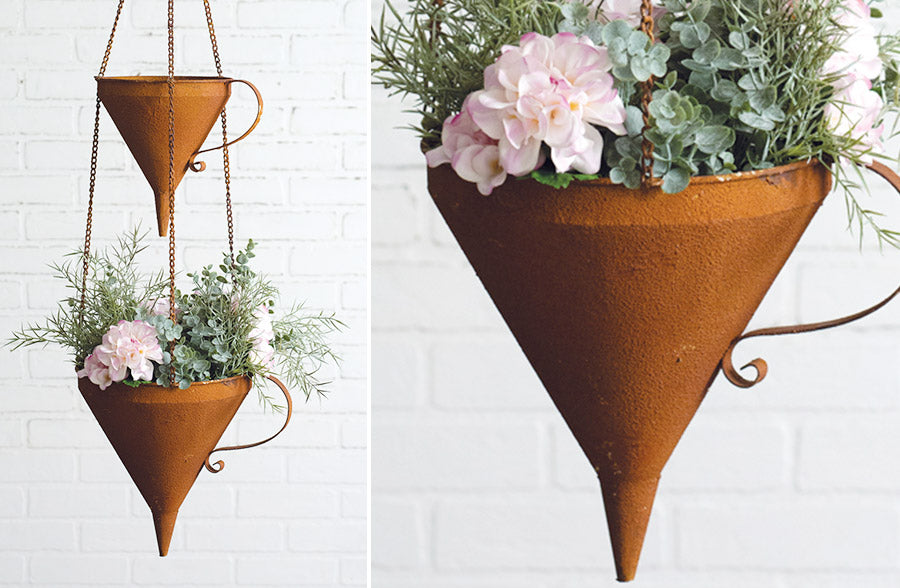 hanging funnel planter Two-Tier Rusted Finish Hanging Funnel Planter
