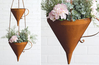 Two-Tier Rusted Finish Hanging Funnel Planter