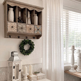 Ornate Wooden Wall Shelf with Cubbies and Hooks