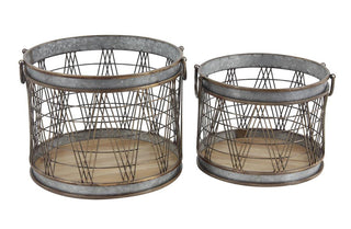 Galvanized Metal and Wood Barrel Planters, Set of 2