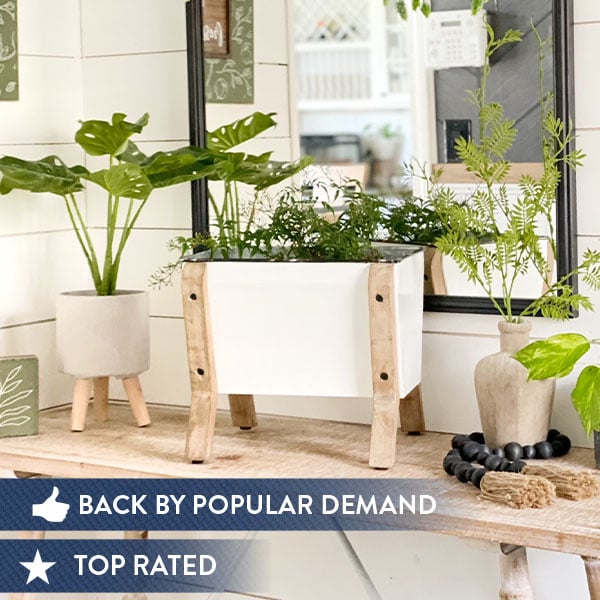 farmhouse indoor plant stand Vintage Inspired Farmhouse Enamel Planter with Wood Stand