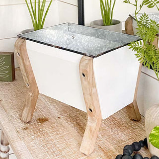 Vintage Inspired Farmhouse Enamel Planter with Wood Stand