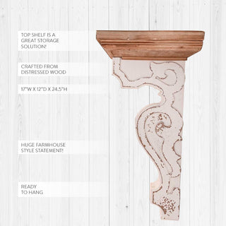 Distressed White and Natural Wood Corbel Style Wall Shelf