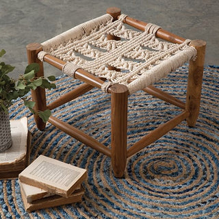 Macrame and Wooden Footstool