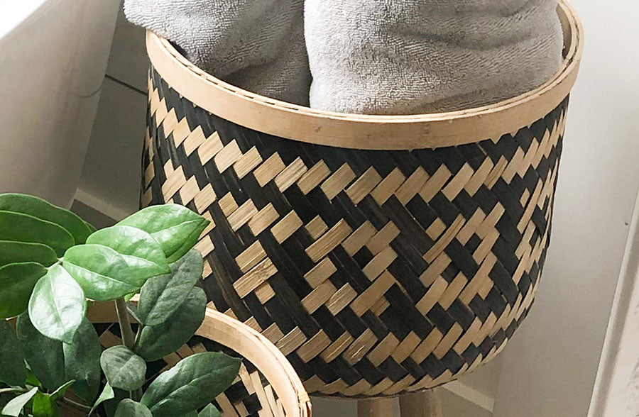 woven bamboo plant Woven Black & Natural Bamboo Plant Stands With Wooden Legs