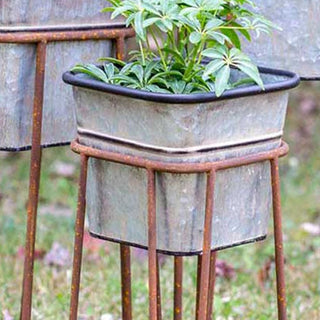 Galvanized Planters on Rusted Finish Stands, Set of 3