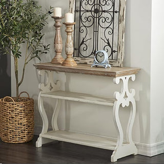 Wooden Scroll Console Table with Shelves