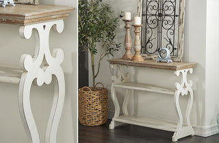 Wooden Scroll Console Table with Shelves