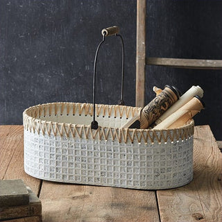 Whitewashed Metal And Cane Basket with Handle