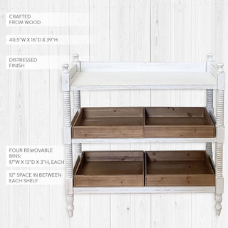 Whitewashed Spindle Table with Wooden Bins