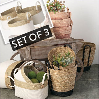 Natural and White Seagrass Baskets, Set of 3