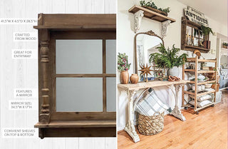 Spindle Window Frame Mirror with Shelves