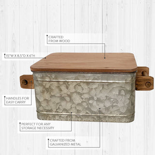 Galvanized Metal Storage Caddy with Wooden Lid