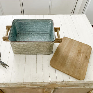 Galvanized Metal Storage Caddy with Wooden Lid