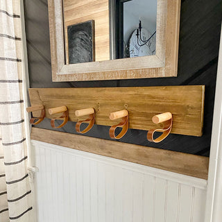 Rustic Wooden Peg and Leather Wall Hooks