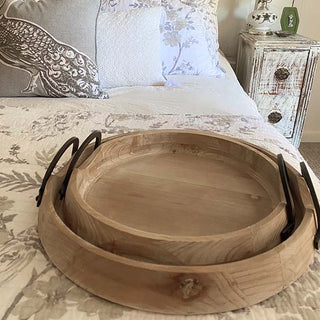 Rustic Round Wooden Trays with Handles, Set of 2