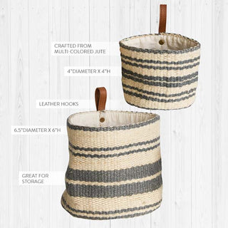 Hanging Jute Baskets with Leather Loops, Set of 2